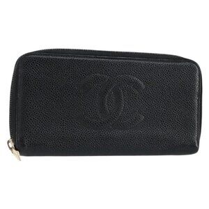 CHANEL COCO Mark Long Wallet Grained Calf Skin Black Silver